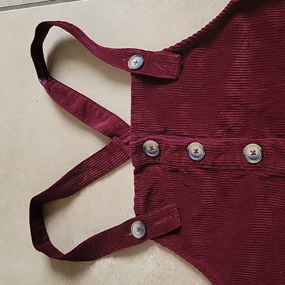 Women’s Burgundy Corduroy Button-Front Pinafore Mini Dress - Picture 2 of 3